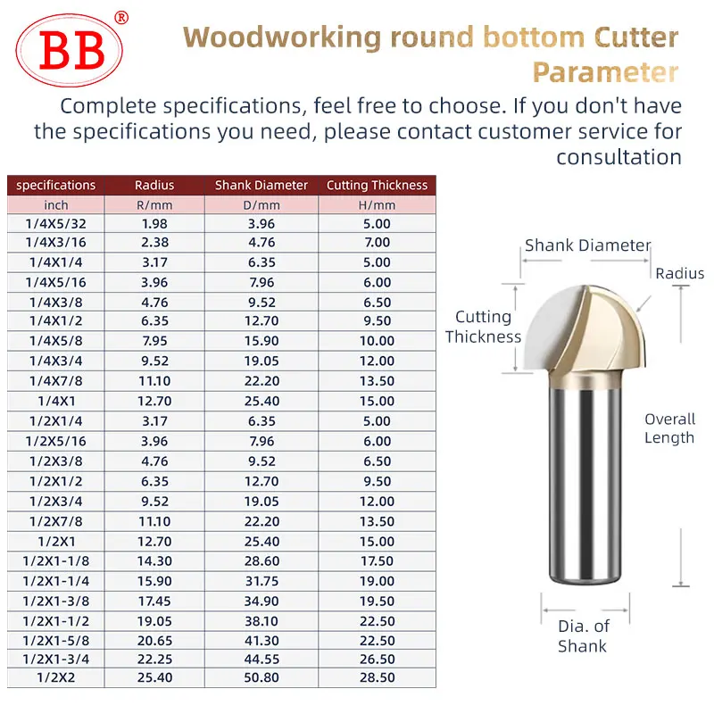 BB Half Round Radius Bottom Wood Router Bits Circular Arc Cove Box End Milling Cutter1/2 1/4 Inch Ball Nose CNC Engraving Tool