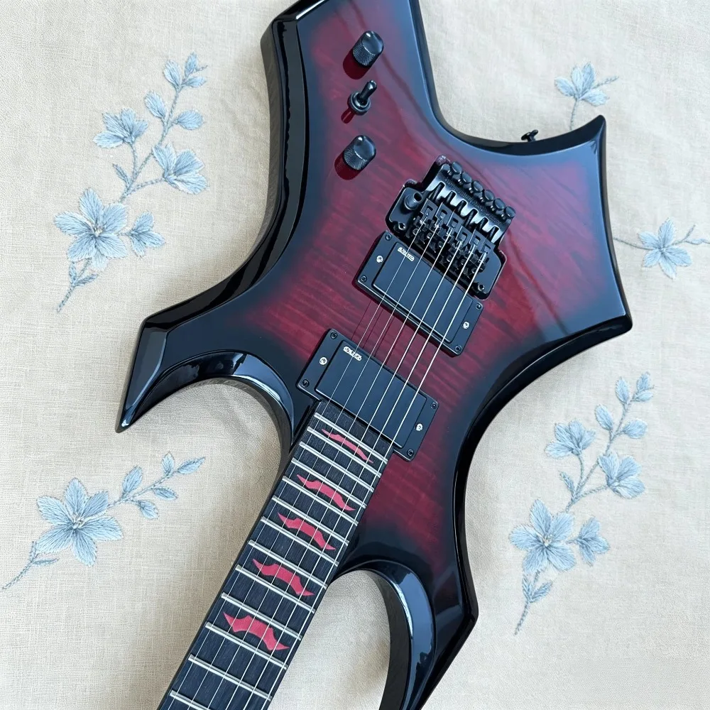 Red Black Burst Flame Guitar Red Bat Inlay Dual Humbuckers Double Locking Tremolo System Rosewood Fretboard guitar