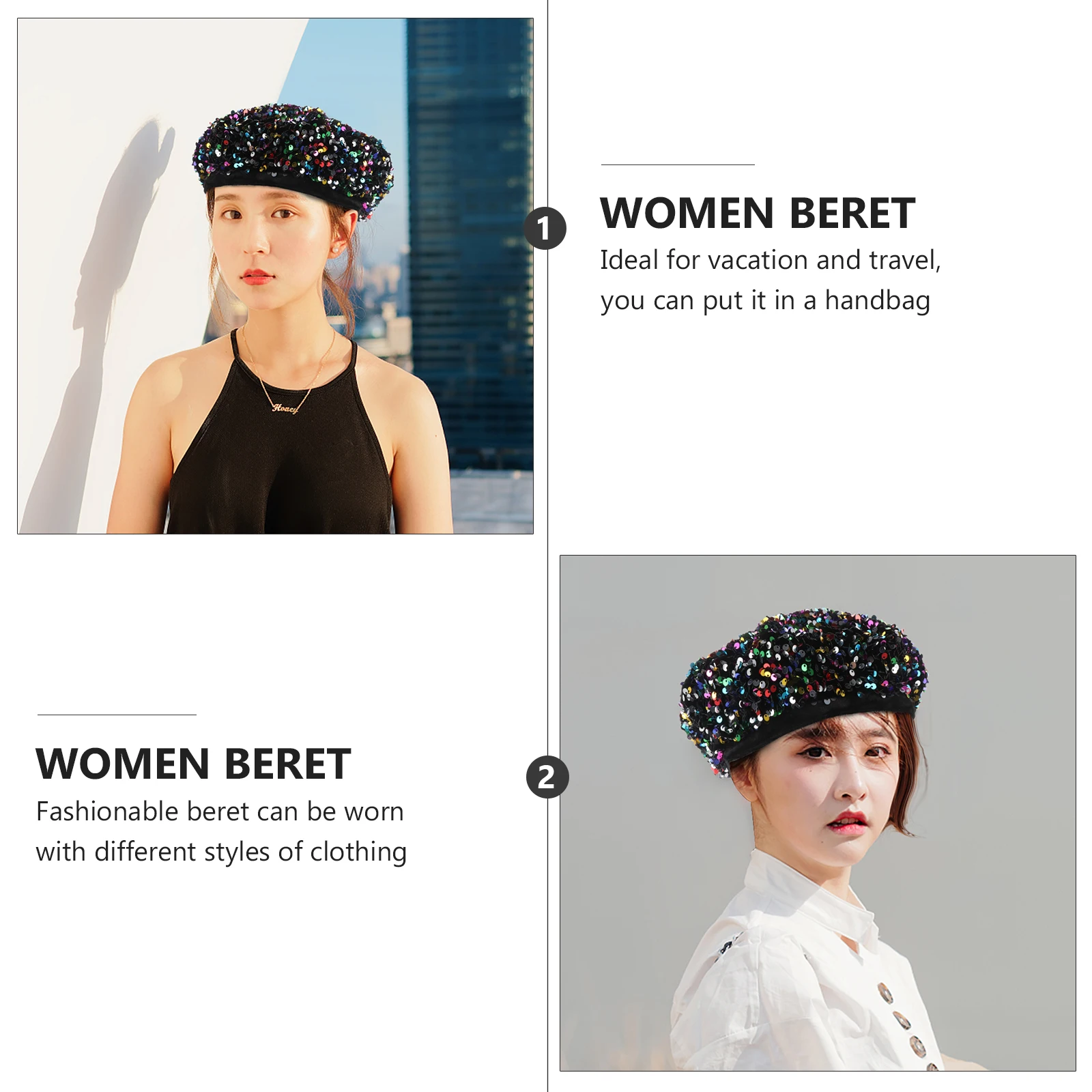 

Sequins Beret Hats for Women Sparkly Winter Fashion Glitter French Artist Wear Lightweight Foldable Travel Photography Party Hat