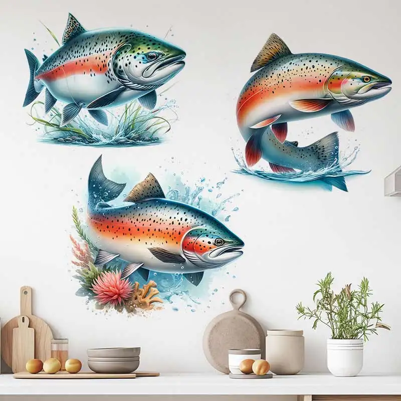 Realistic Salmon Wall Sticker Bathroom Toilet Decor Living Room Cabinet Refrigerator Home Decoration Decals Stickers S924