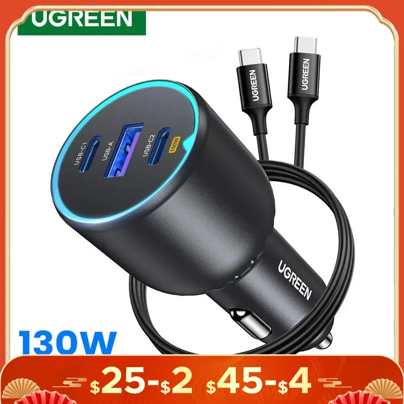 UGREEN 130W USB C Fast Car Charger with PD Cable for For Xiaomi iPhone 15 Samsung Galaxy S24 Laptops Fast USB C Car  Charger QC4