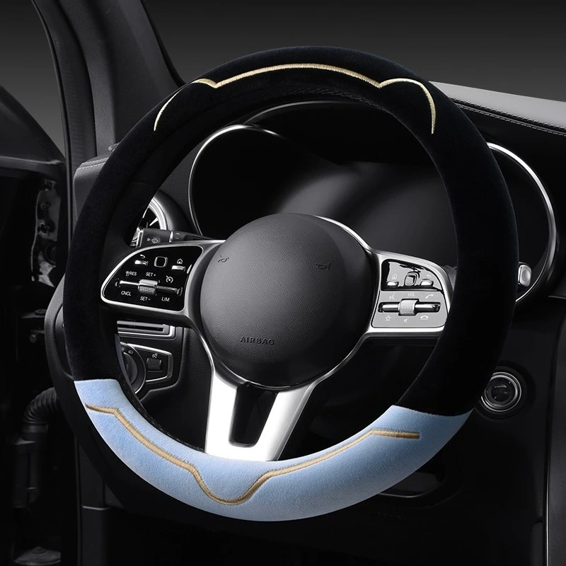 2023 New simple cat ears series plush winter car steering wheel cover warm wear resistant car handle cover