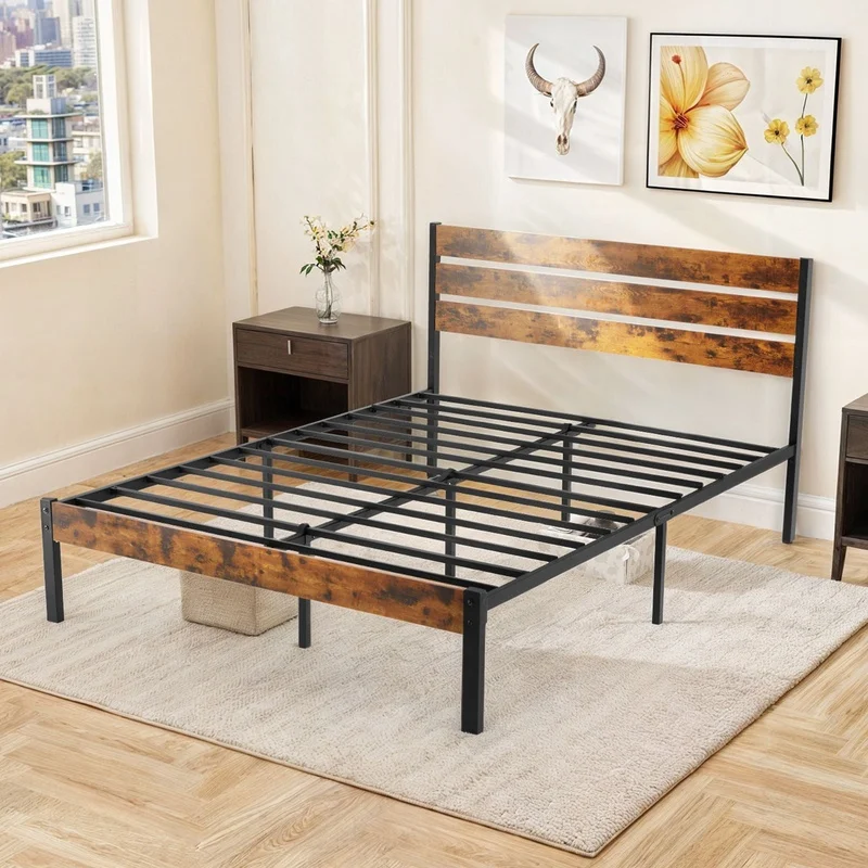 Queen Size Bed Frame with Headboard Heavy Duty Metal Wood Storage Solution Easy Assembly No Box Spring Required Strong Stability