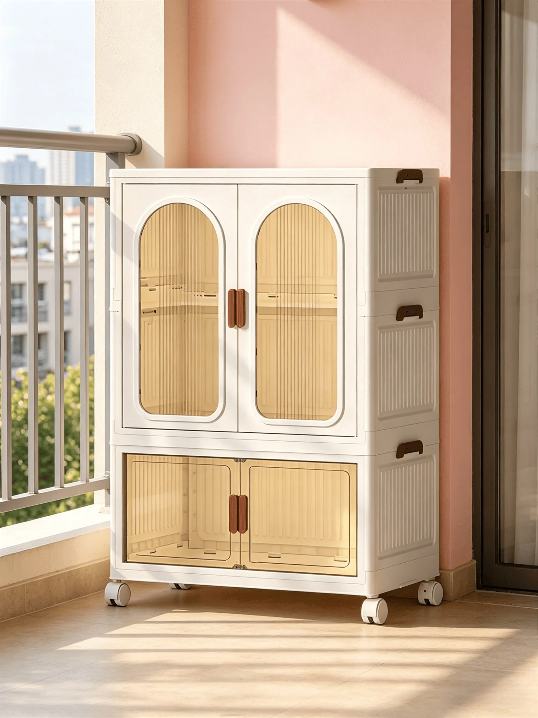 

1 PCS-2 layers,width 60 cmNo-Assembly Instant Setup Foldable Storage Cabinet with Wheels, 2-Tier Arched Door Organizer for Balcony, Patio, Rental Apartments & Small Spaces