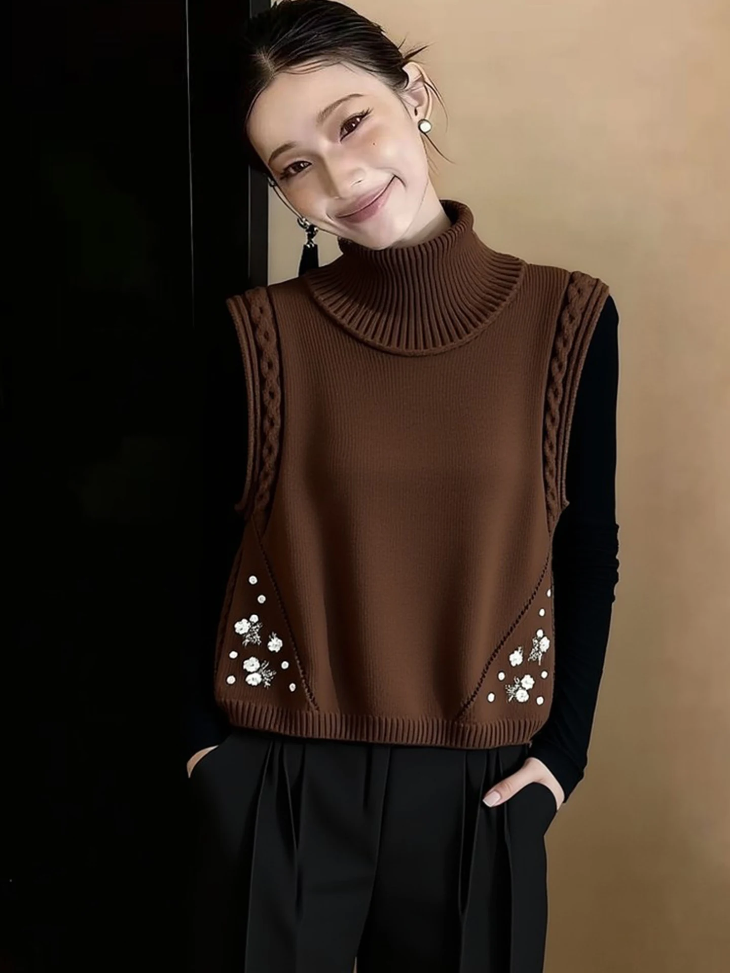 

Faionable Knitted f-High Collar Vest Versatile Outerwear Spring 2026 Ele Quali European Brand Women's Camere Swe...