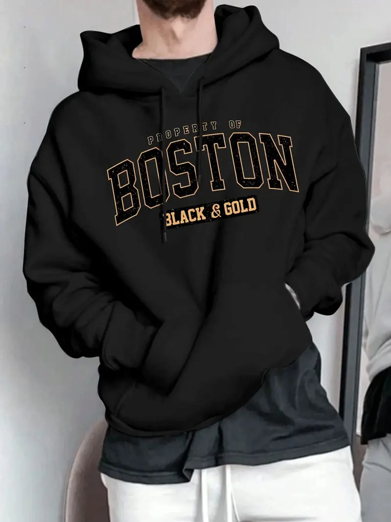 

Мужская флисовая толстовка с принтом Boston, теплая, с регулируемым капюшоном на шнурке, удобная для активного отдыха, осенне-зимняя, повседневная, модная