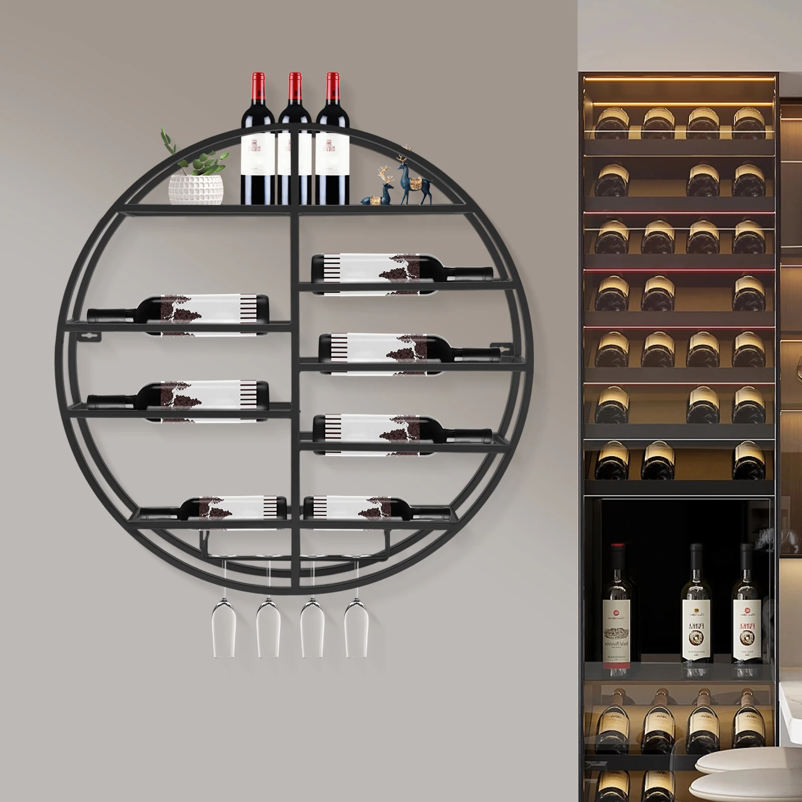 

60cm Black/Gold Wall-mounted Wine Rack Round Large Capacity Shelves Suitable for Living rooms, Wine cellars, Kitchens