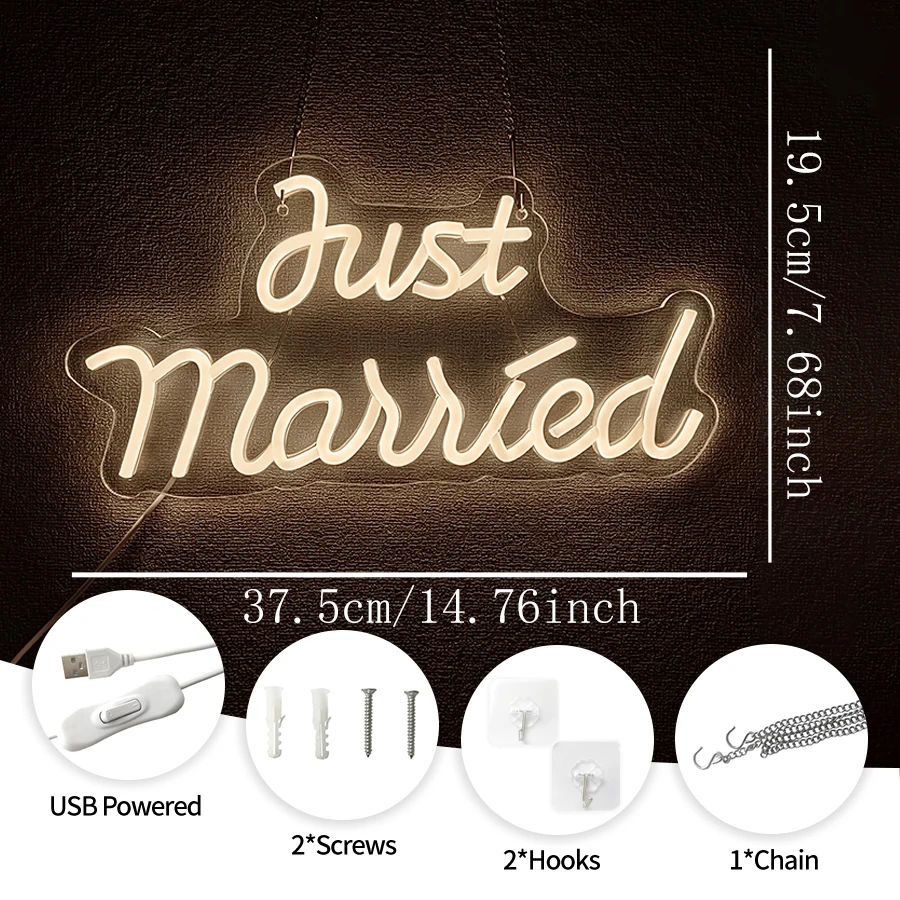 Just Married Neon Sign, USB Powered LED Wall Light for Wedding Reception Engagement Bridal Shower Bedroom Photo Backdrop Gift
