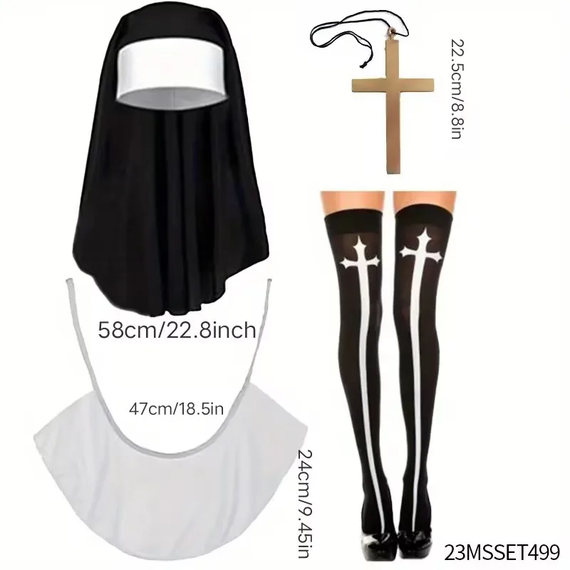 Pesenar 4 Pieces Set Nun Clothing Suit  Nun Hat Nun Collar Cross Pendant Necklace Knee-Length Knee Socks Suitable for Halloween