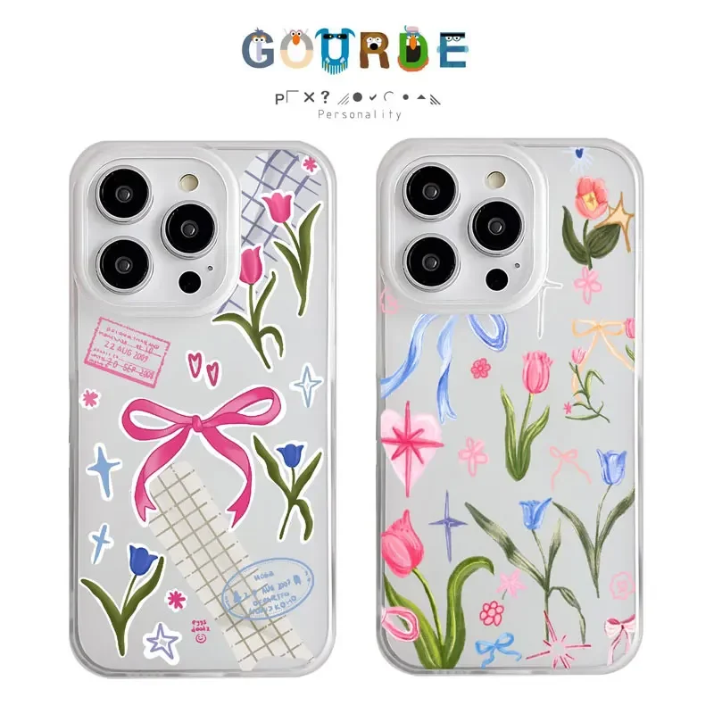 

Gourde Ins Pink Bow Ribbon Label Clear Phone Case For iPhone 16Pro Max15 pro max 14 13 12 11 XR XS Max 7 8 Plus Shockproof Cover