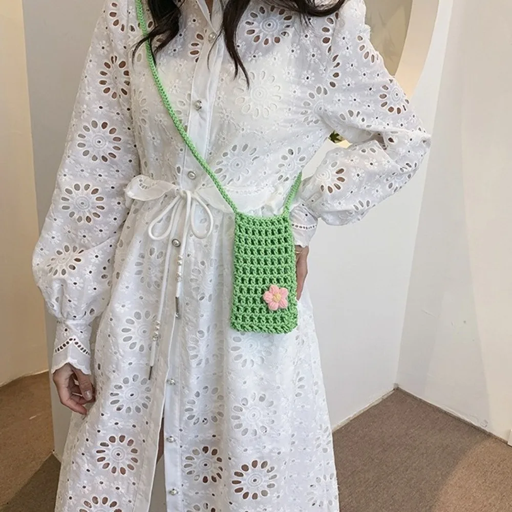 موضة زهرة النسيج حقيبة كروسبودي صغيرة جوفاء الكروشيه حقيبة الهاتف اليدوية حقيبة يد محبوك حقيبة ساعي السيدات/الفتيات