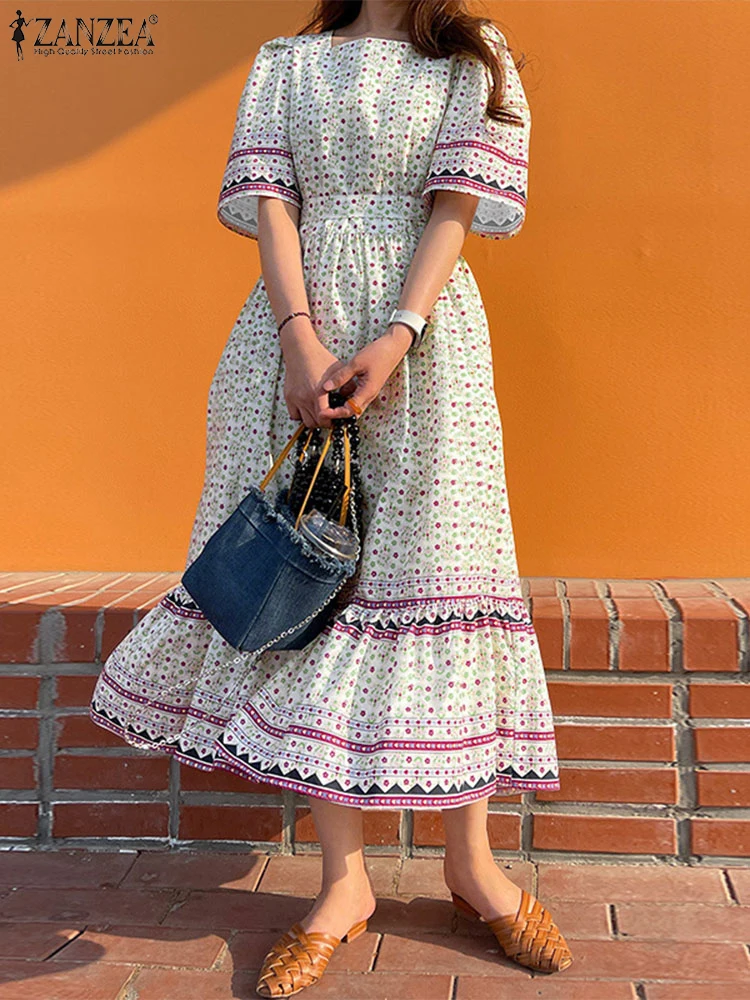 

Retro French Print Dress Women Summer Sundress Elegant A-line Summer Party Vestidos ZANZEA 2025 Casual Square Neck Robe Femme