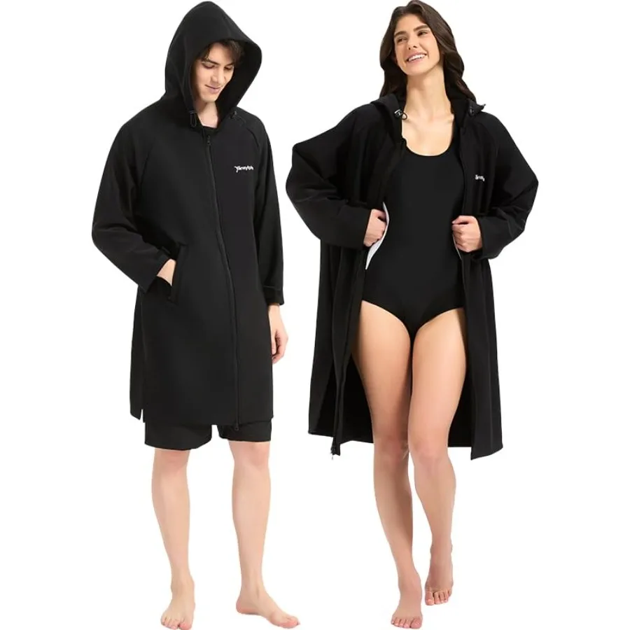 Waterproof Swimming Parka, Windproof Fleece Lined Surf Poncho Coat, Water Resistant Oversized Jacket for Swimming