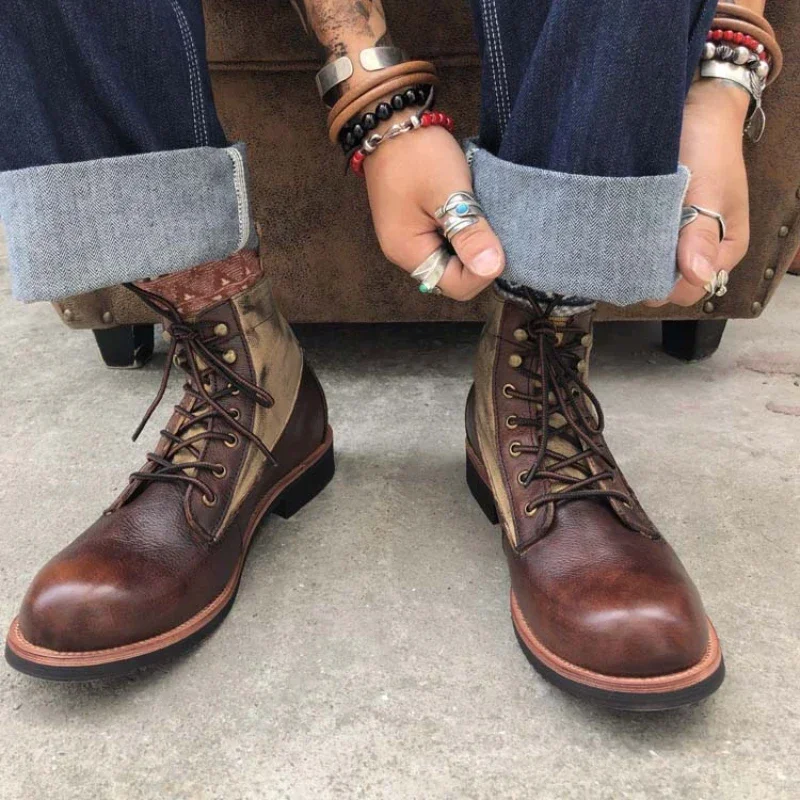 Botas de moto de cuero genuino para hombre, botines Retro con cordones, zapatos de caña alta, resistentes al desgaste, para el desierto, Invierno