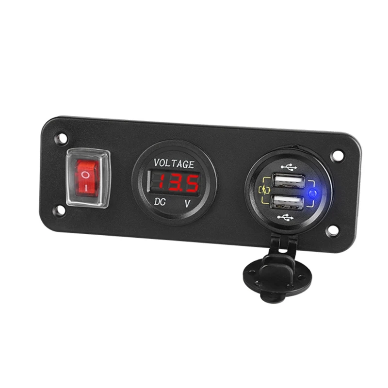 2in1 Socket Panel Dual QC3.0 USB Socket Power Outlet & LED Voltmeter & ON Off Power Cable for Truck Boat