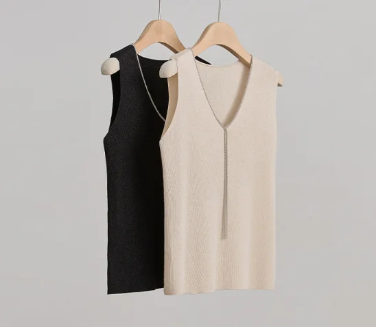 

Knitted Vest for Ladies 2024 New Spring Summer Bead Chain V-neck Slim Casual Sleeveless Tanks Top