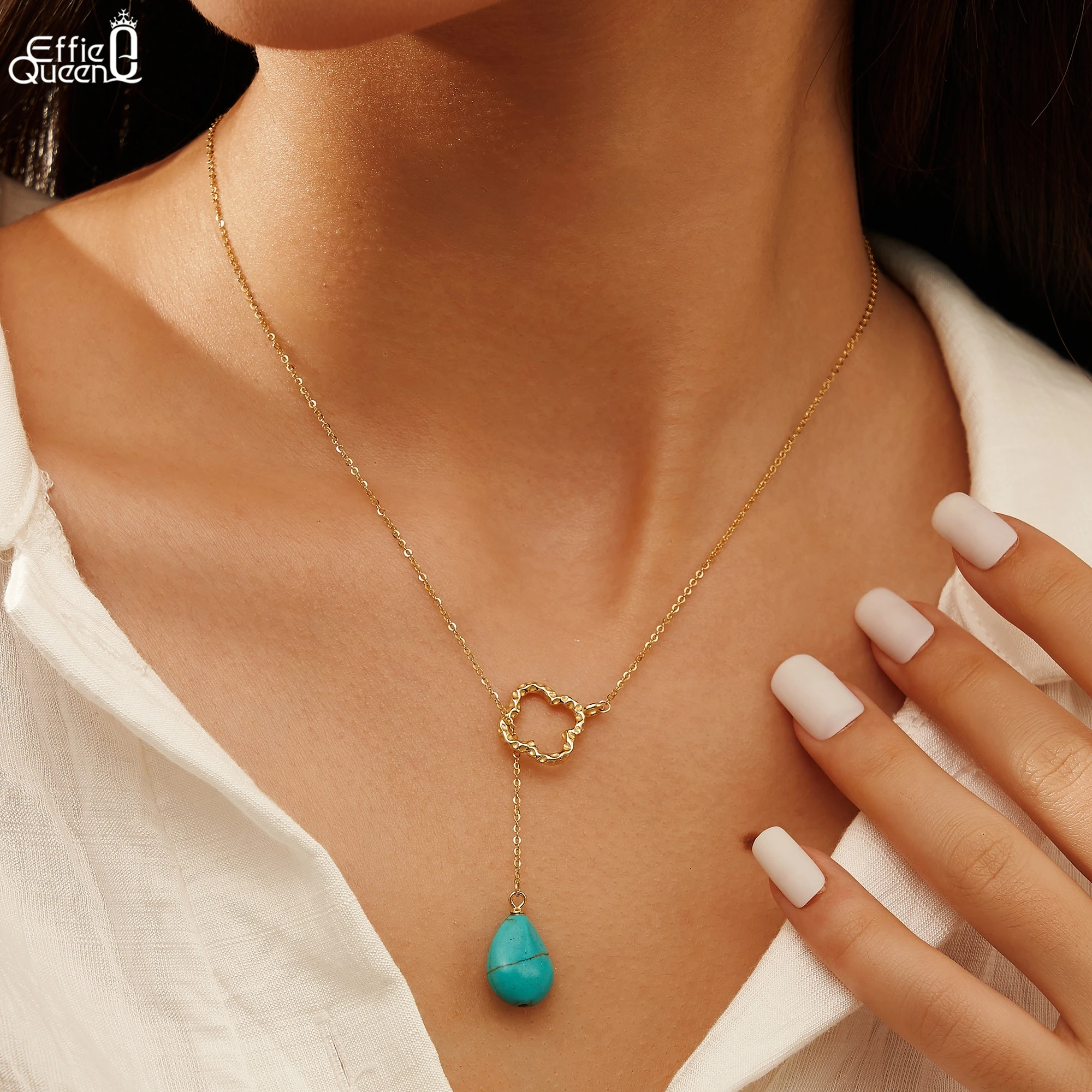 

EFFIE QUEEN 100% S925 Silver 14k Gold Water Drop Shaped Turquoise Pendant Necklace Natural Jewelry for Women Banquet Party GMN47