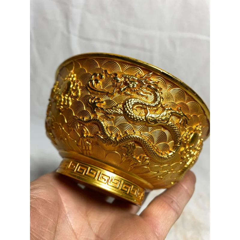 Antique Golden Bowl Pure Copper Gold Plated Double Dragon Golden Bowl Antique Collection