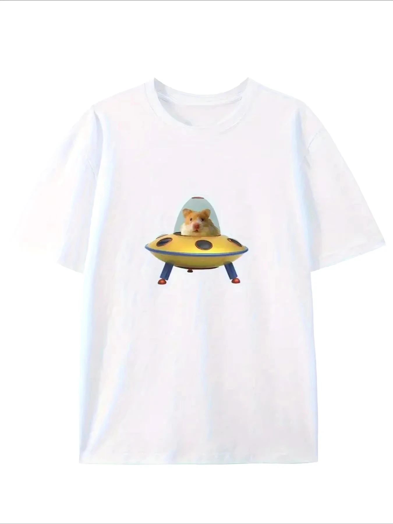 Cute Hamster Pilot UFO Graphic T-Shirt Women Space Adventure Print Tee Harajuku Short Sleeve Casual Fashion Streetwear Y2k Tops