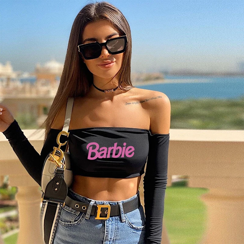 Sexy Barbie Ladies Off Shoulder Crop Top Fashion Kawaii Anime Y2K Girls Long Sleeve Tube T Shirt Casual Short Streetwear Gifts