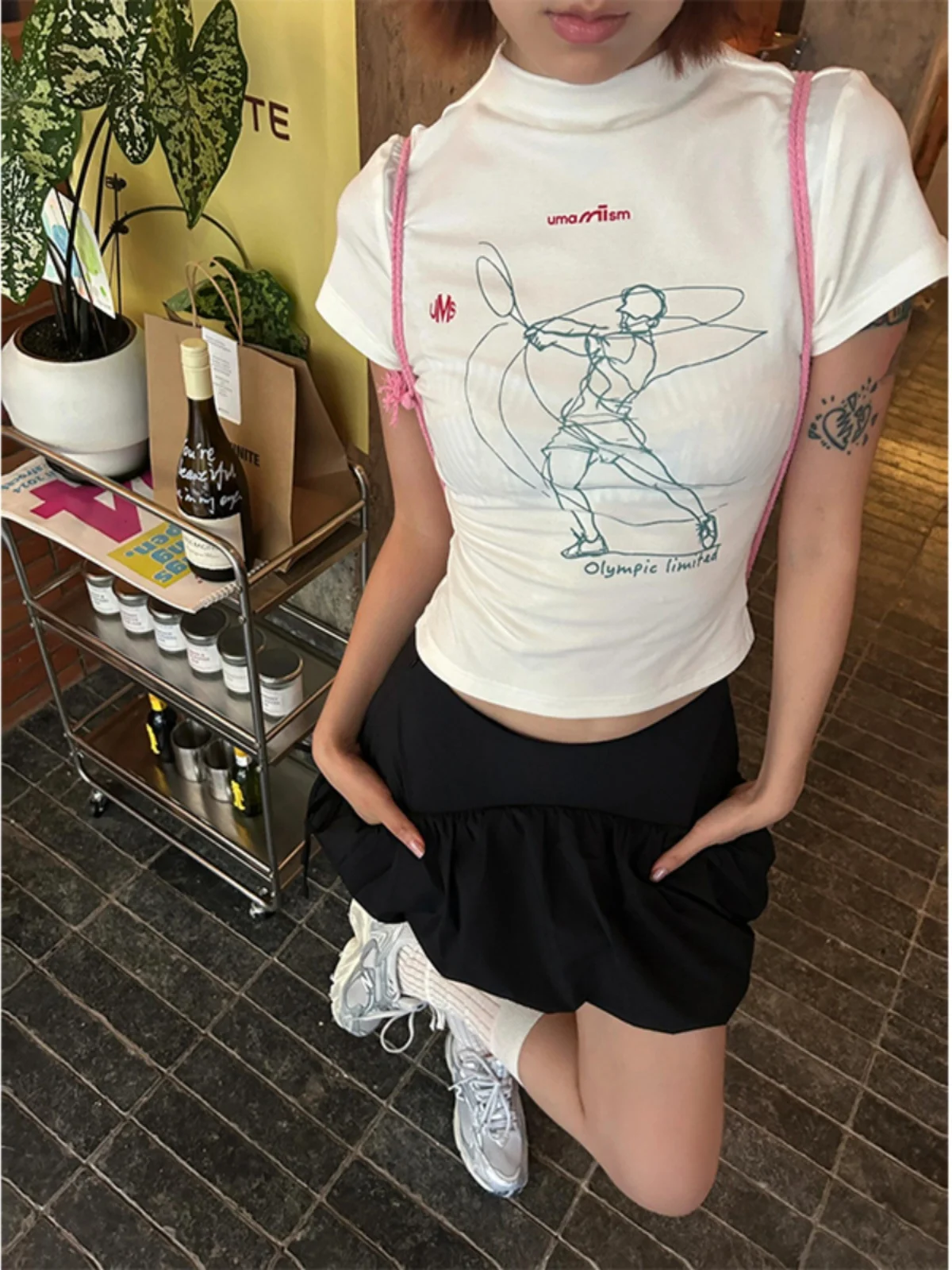 American Style Hot Girl White Shoulder High Neck Short Sleeve Women's Summer Hand Drawn Print Slimming Short T-Shirt