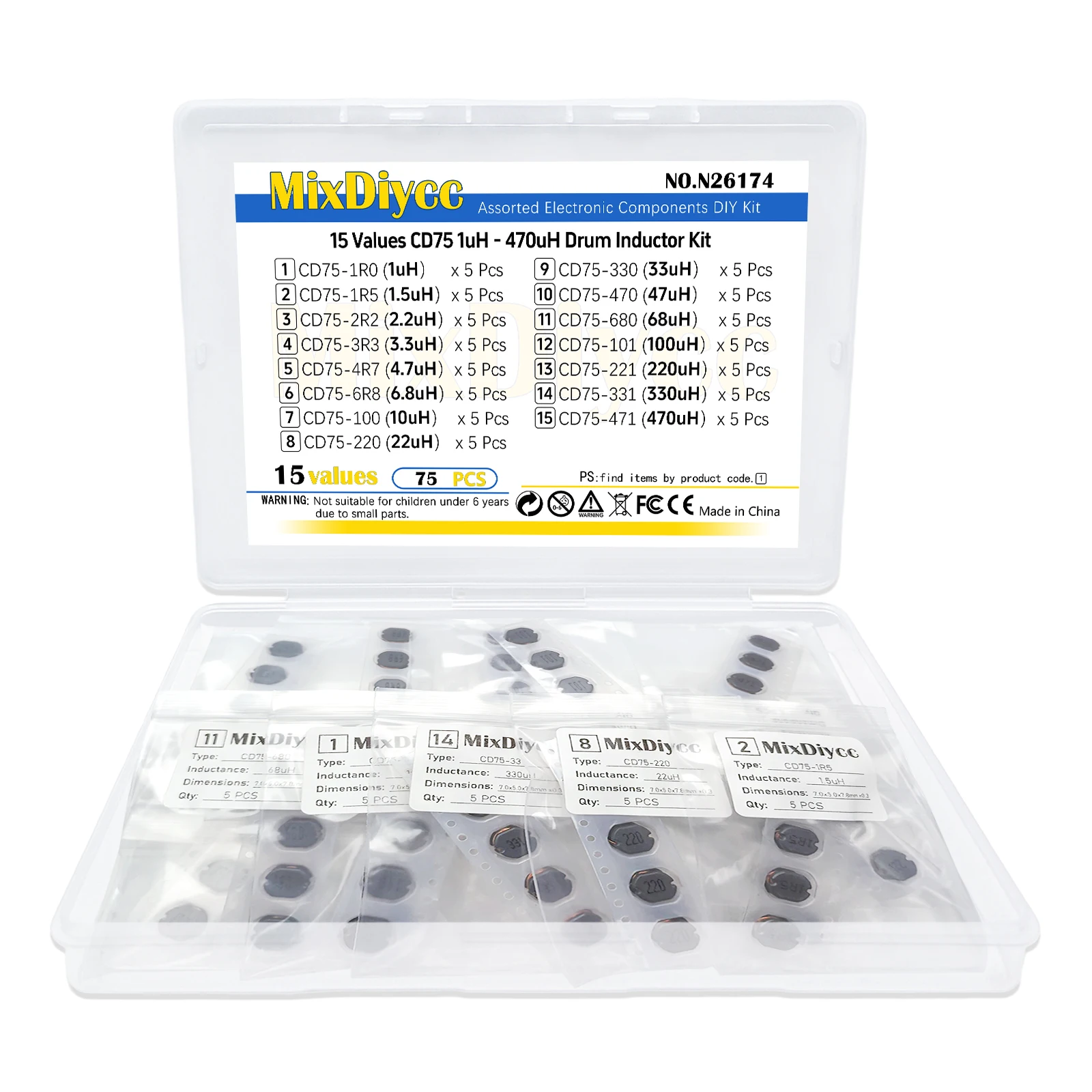 15 Values CD75 Drum Inductor Kit 7.0*7.8*5.0mm  1/1.5/2.2/3.3/4.7/6.8/10/22/33/47/100/220/330/470 uH Total 75Pcs