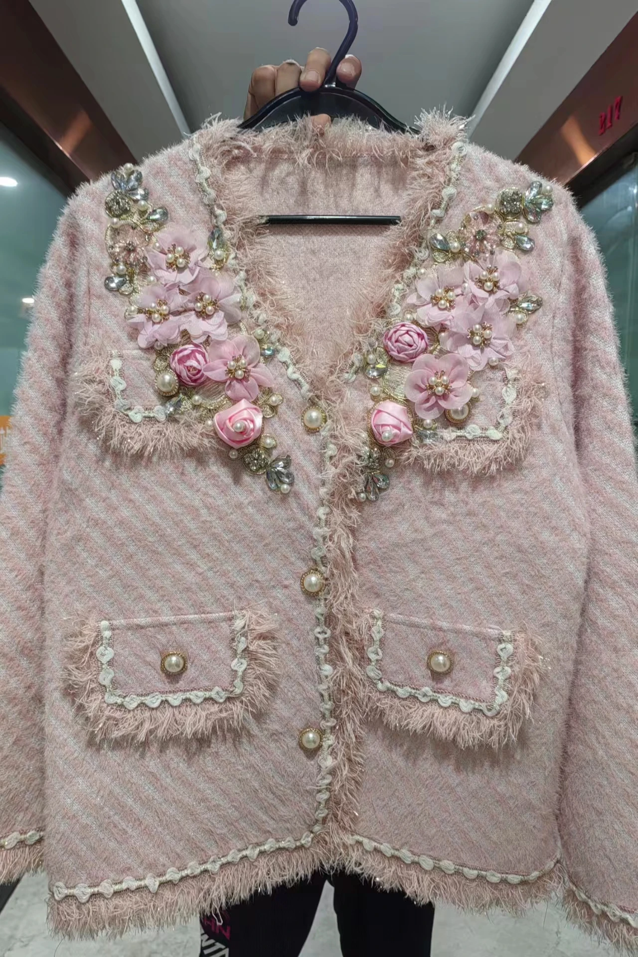 New In 2024 Autumn Winter Luxury Beaded Flowers Stitch Knitted Cardigan For Women Long Sleeve Sweater Coat Outwear Jacket