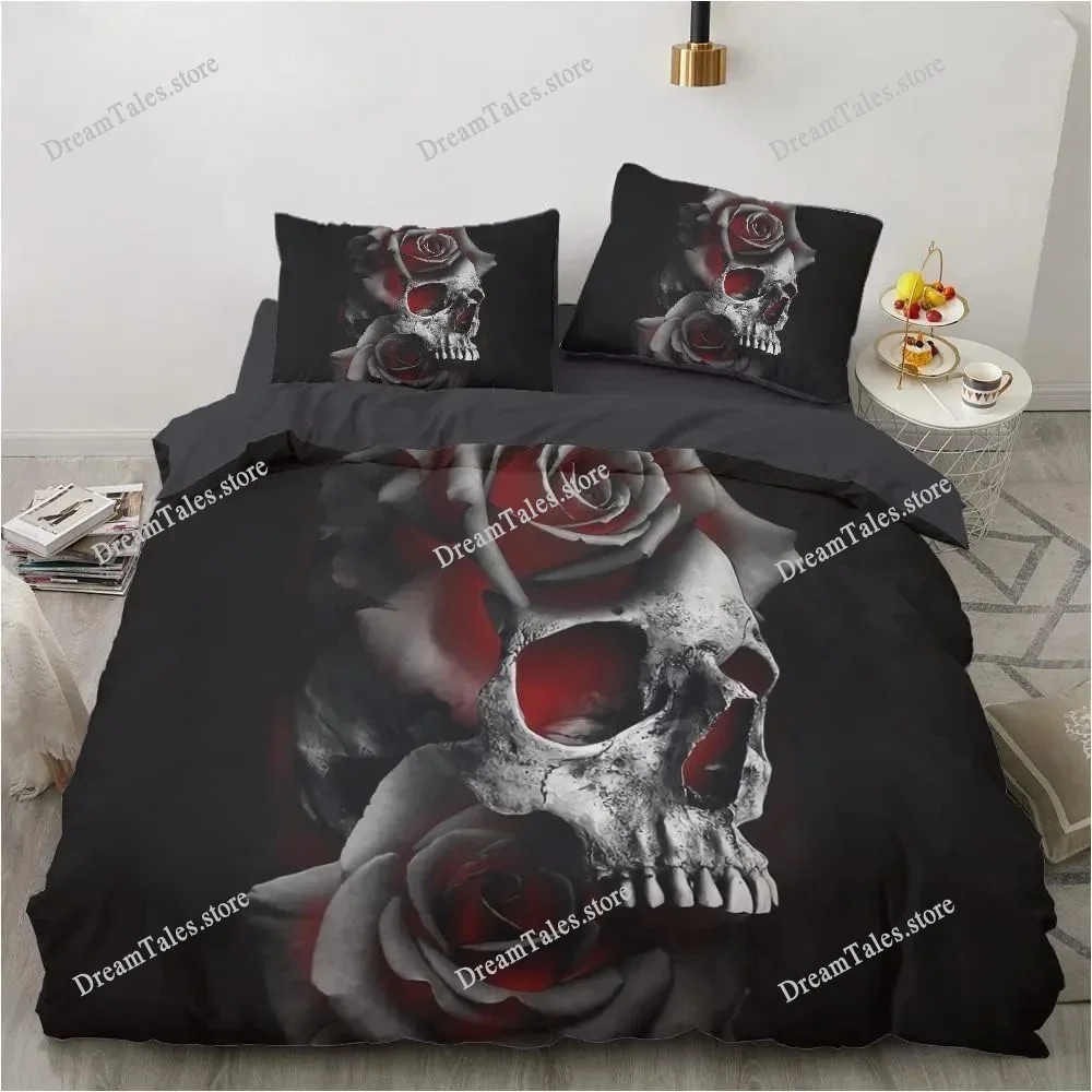 Exquisite 3D Gothic Skull Rose Wallpaper  Print Bedding Set Duvet Cover Comforter Bed Youth Kids Girls Boys Gift