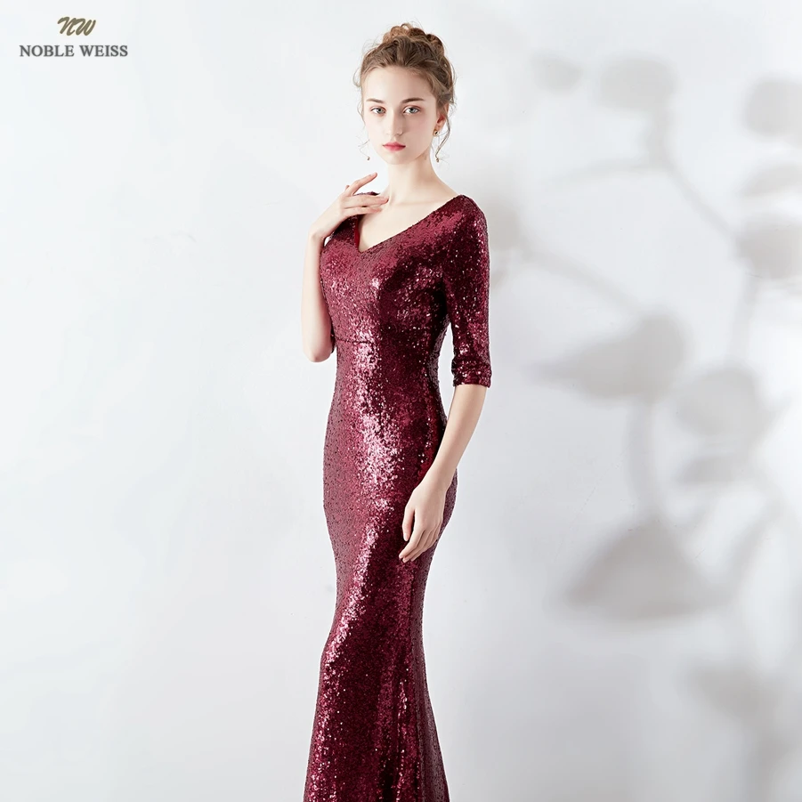 Long Evening Dresses Sequined Mermaid Evening Gowns Sexy V-Neck Women Formal Dresses With Half Sleeves Customized