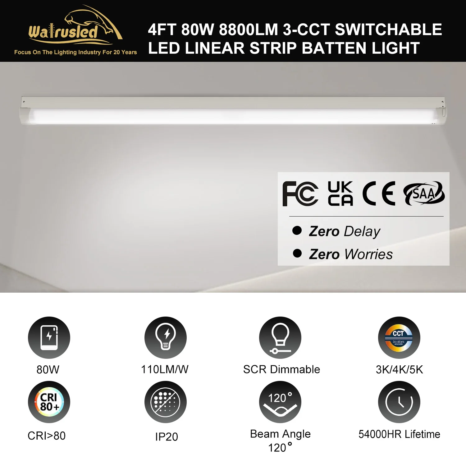 Lampada da soffitto per scale a striscia lineare a LED da 4 piedi 80W 8800lm 3/4/5000K SCR Dimmerabile per interni Lampada da soffitto per negozio a LED per officina FCC