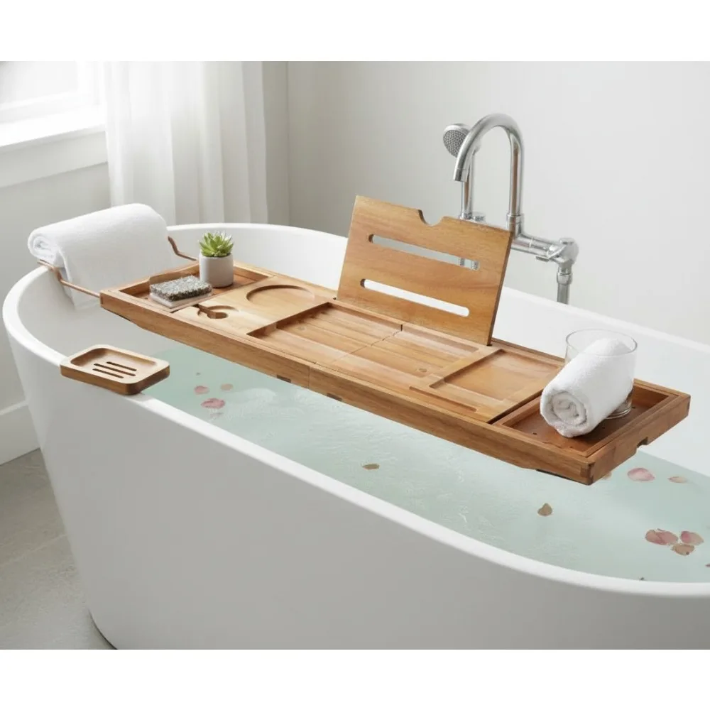 

Foldable Bathtub Tray Expandable to 105cm Luxury Bath Caddy with Side Trays Acacia Wood