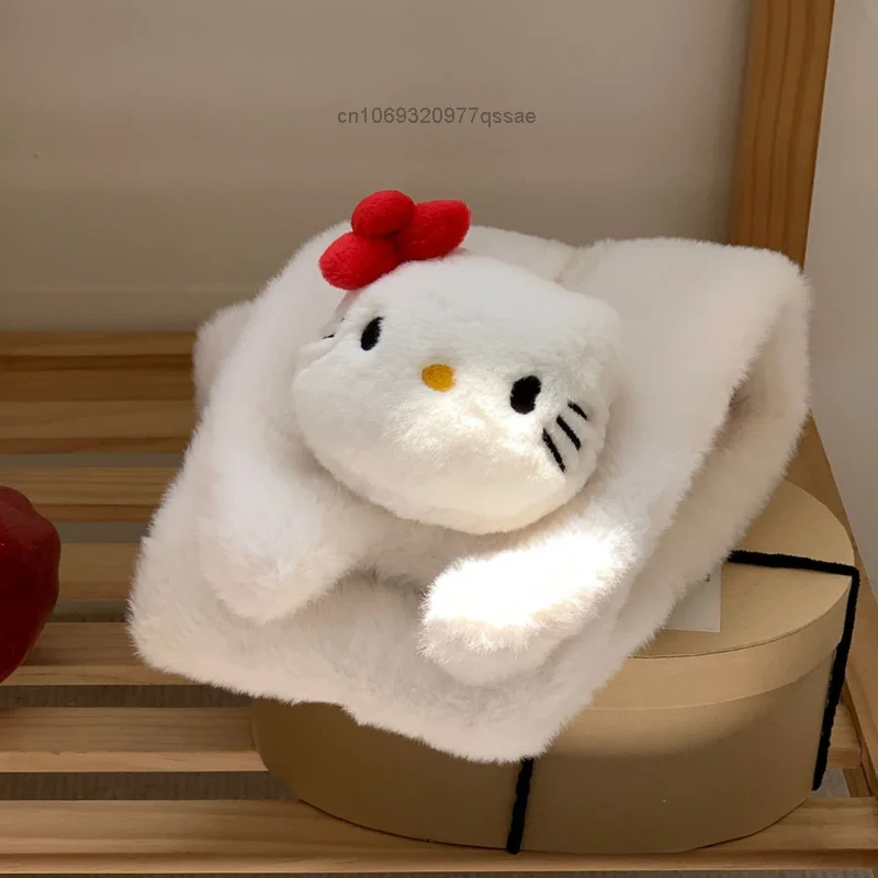 Sanrio Hello Kitty sciarpa di peluche nera soffice Y2k donna sciarpa di cotone simpatico cartone animato sciarpa di peluche invernale croce sciarpa