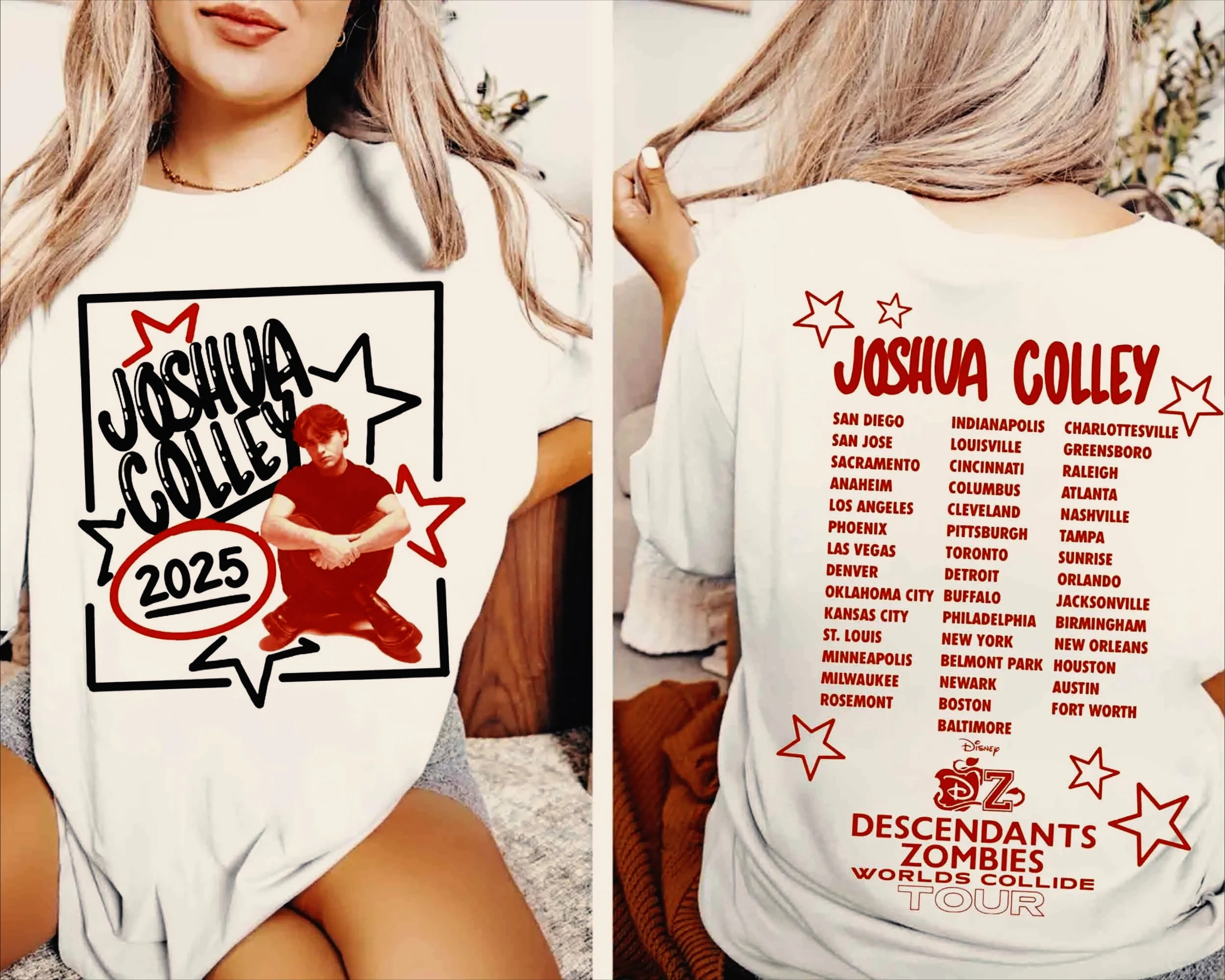 ديزني جوشوا كولي تي شيرت أحفاد الزومبي عوالم الاصطدام جولة صعود المجموعة الحمراء المحملة سليل الحفل مهرجان الموسيقى