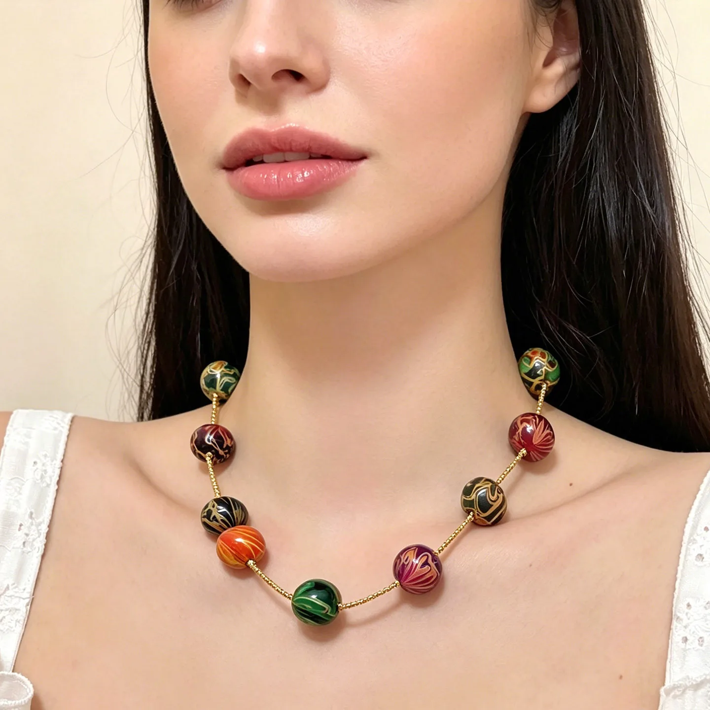 New retro national style handmade intangible cultural heritage oil painting large lacquer beads colored beads pendant necklace f