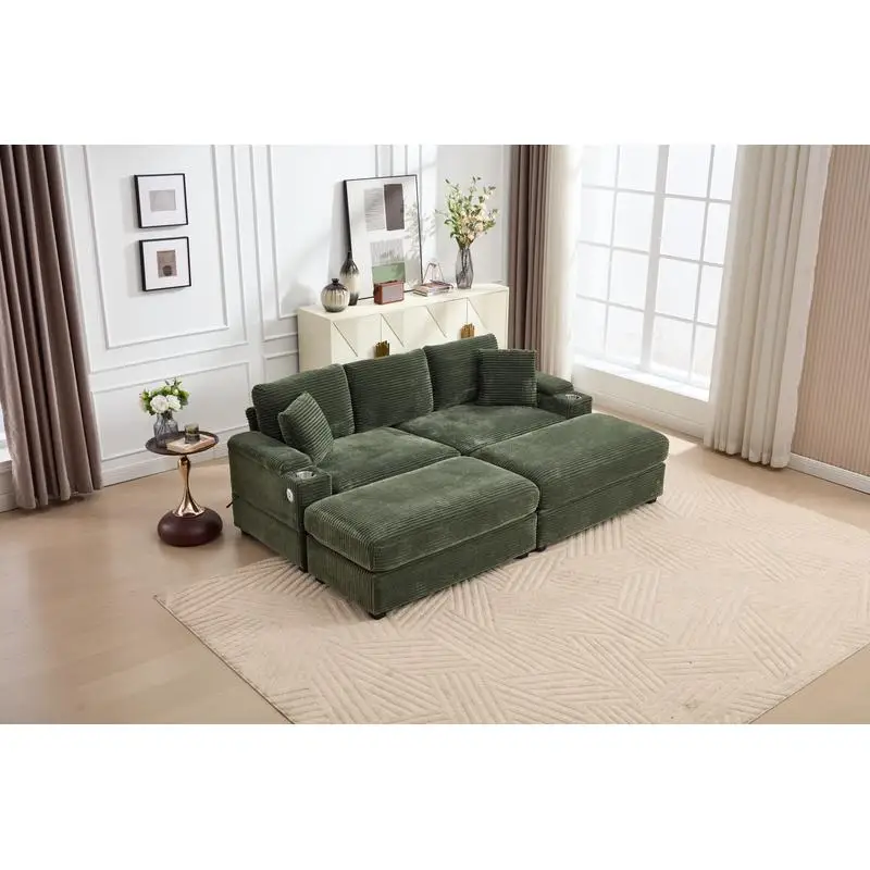 طقم سرير أريكة مقطعي قابل للتحويل مع مسند للذراعين، حامل أكواب من الفولاذ المقاوم للصدأ، منافذ USB، مقعد عميق منجد