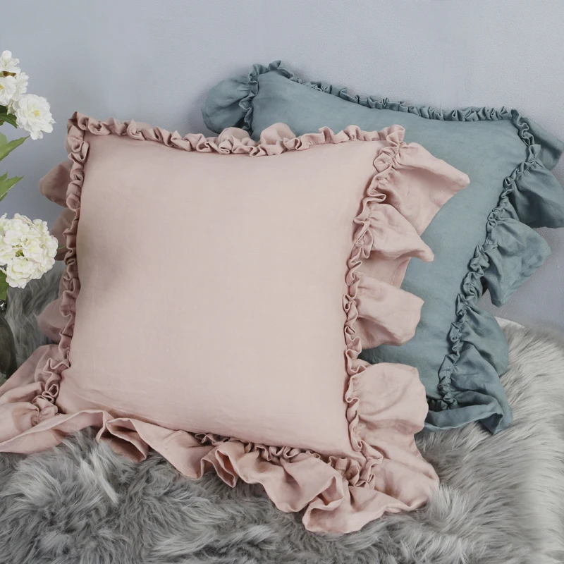 Pure Linen Edge Ruffled White Pillowcases, Bedding Pillow Covers, Zipper Closure Sham Cushion Cover, Solid Color No Filling