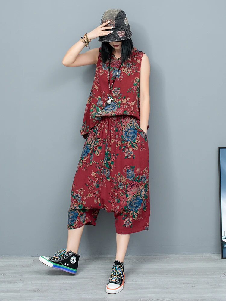 Chinese Style Northeast Large Flower Hooded Sleeveless Vest + Cropped Pants Two Piece Set Women Outfit 2024 Summer LX1310