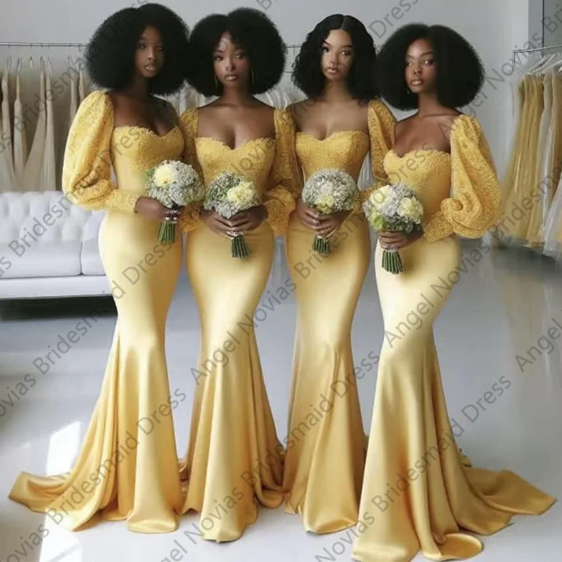 

Customized Long Sleeves Yellow Mermaid Bridesmaid Dresses Wedding Party Maid Of Honor Dress vestido de madrinha de casamento