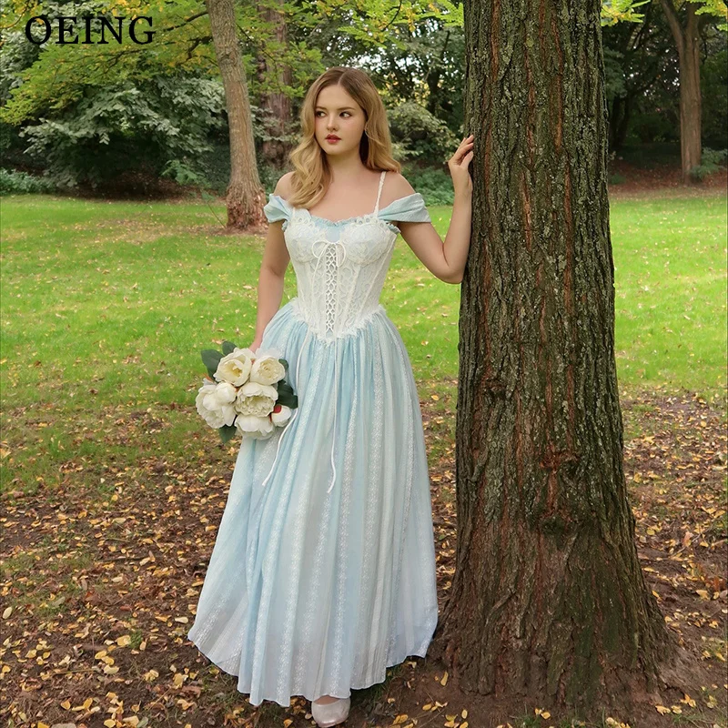 

OEING Simple A-Line Prom Dresses Satin Off Shoulder Sky Blue Ankle Length Birthday Party Dresses Gala Women vestidos Customized
