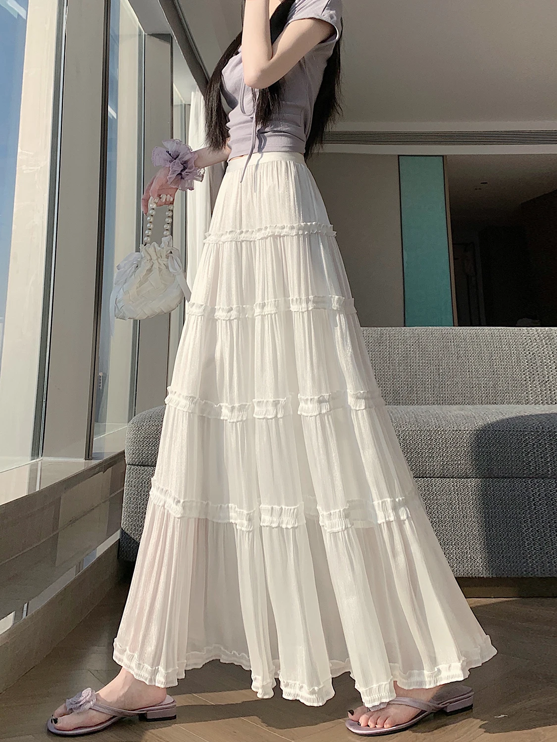 

Элегантная белая юбка-полусолнце с узором под дерево, с завышенной талией, А-силуэт, длинная, женская, весенняя мода, новый стиль, средней длины