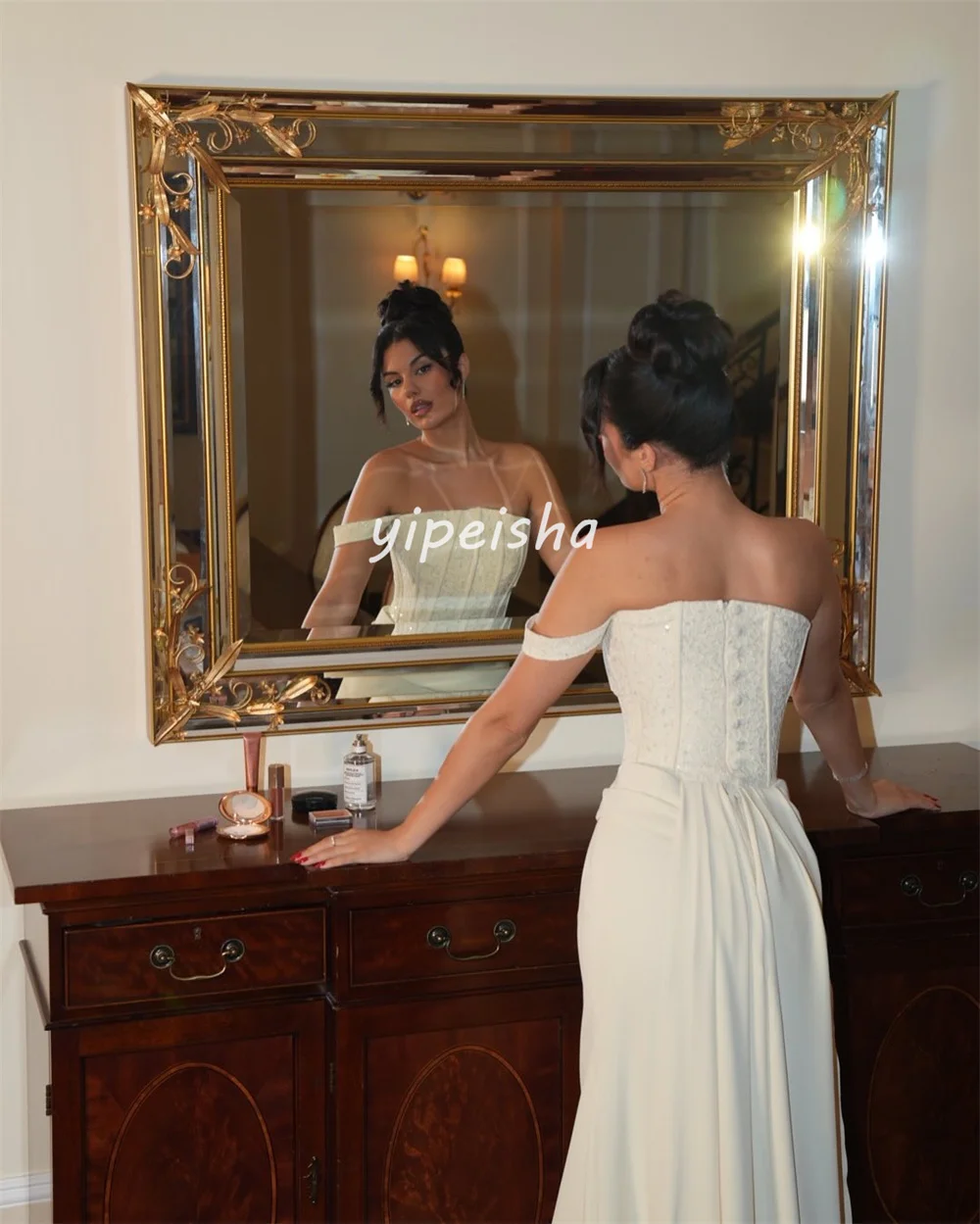 Customized Exquisite Elegant Jersey Pleat Ruched Lace Mermaid One-shoulder Long Dresses Bespoke Occasion Dresses Sizes Available 4