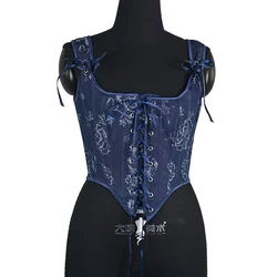 Women Rose Print Corset Tops Lace-up French Style Renaissance Vintage Overbust Bustier Crop Top Lolita Clothing