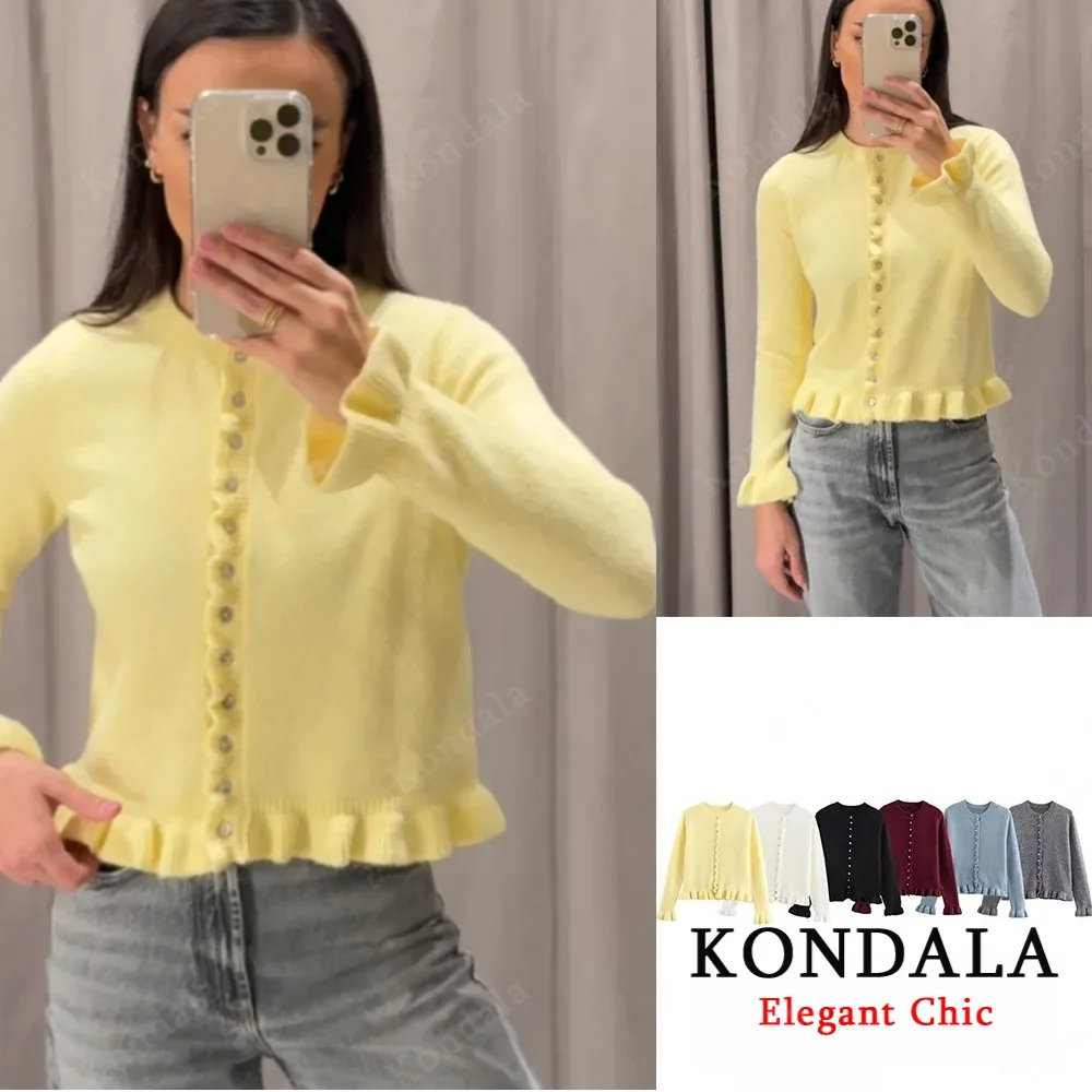 

KONDALA женский желтый вязаный кардиган с маслом и многослойными деталями, с круглым вырезом и длинным рукавом, новинка 2025, весна-осень, модное шикарное милое вязаное пальто