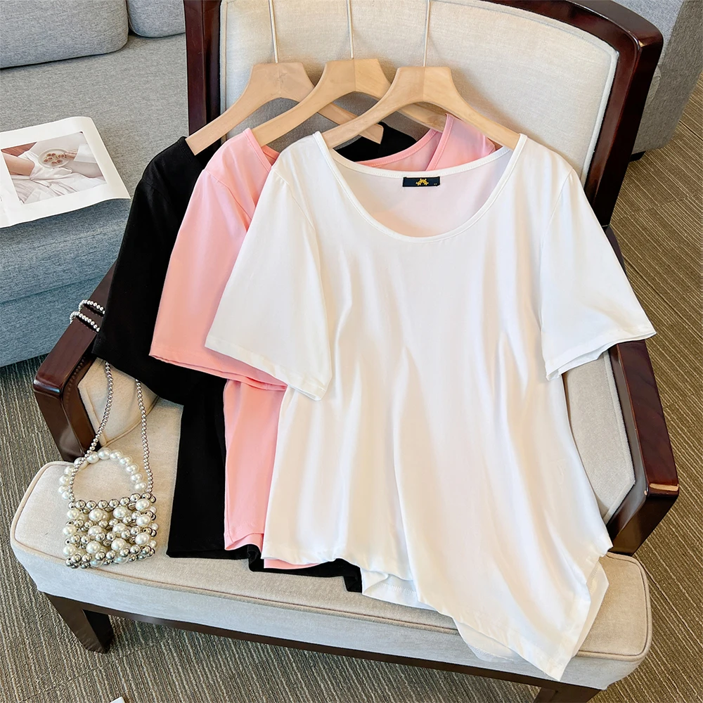 Plus-size women's summer leisure commute loose comfortable cotton T-shirt white pink round neck short sleeve irregular top large