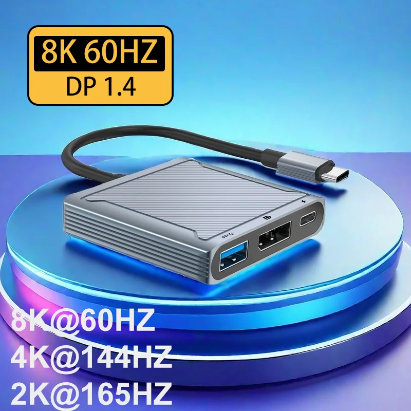 3 in 1 Thunderbolt USB-C to DisplayPort Cable 8K 60Hz USB C to DP 144Hz with Hub Dock Function for MacBook Type C DisplayPort Ad