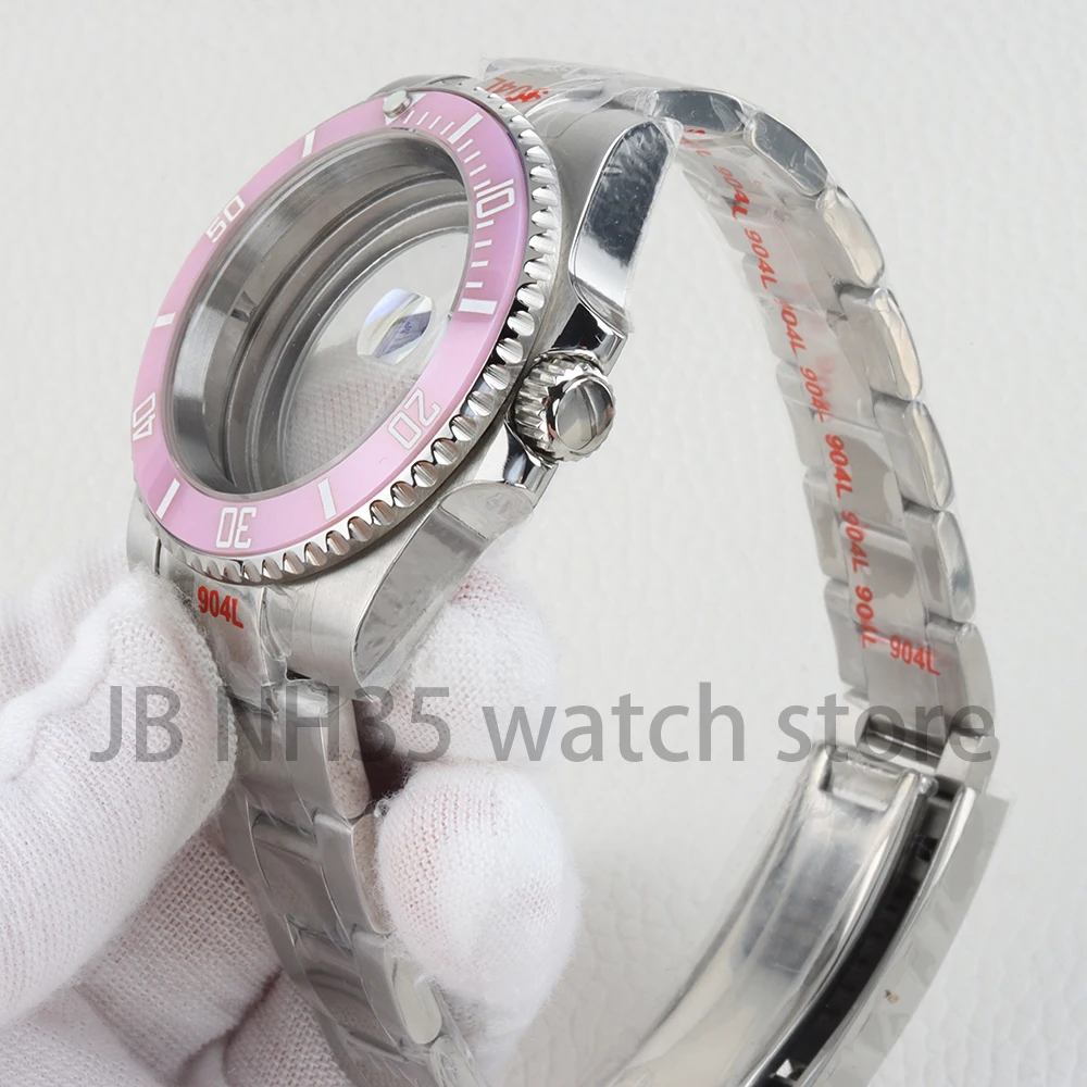 Pink Ceramic Bezel 40mm Diver NH35 Watch Case Sapphire Glass Stainless Steel Oyster Bracelet for SUB Seiko NH35 NH36 Movement