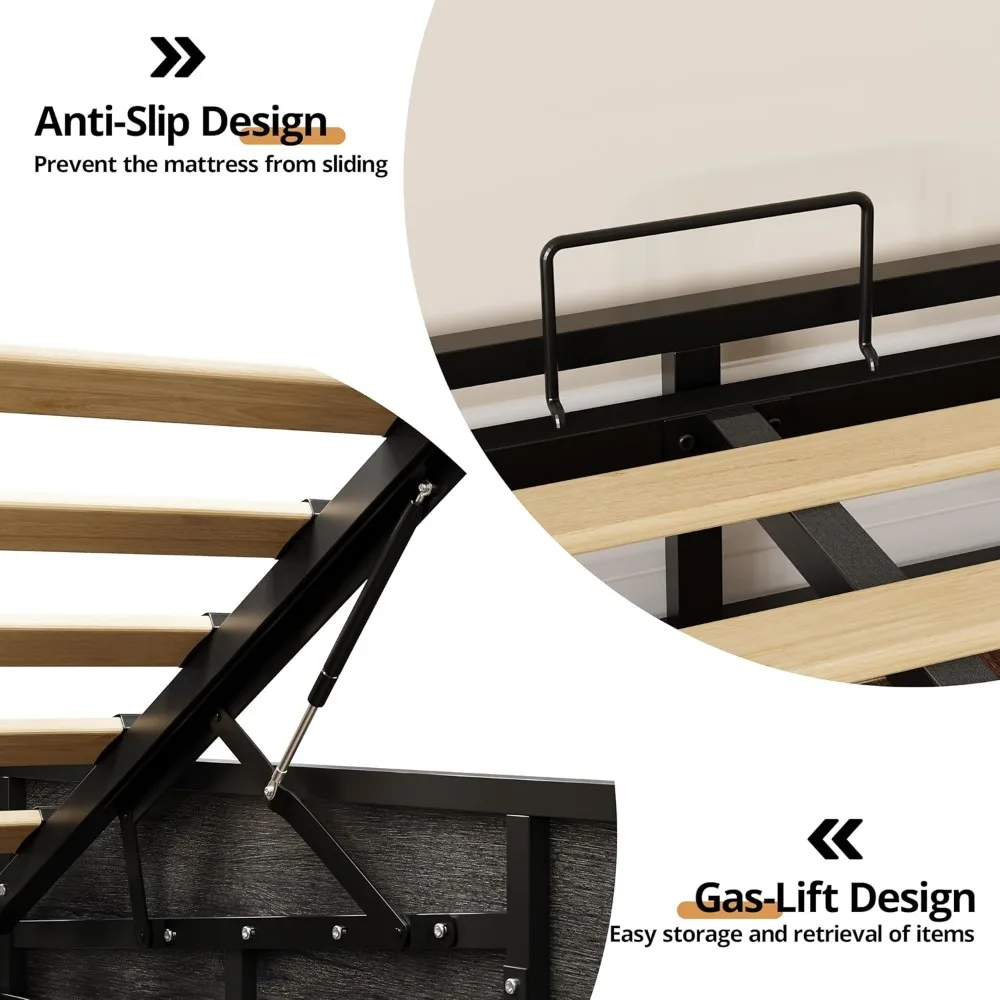 LIKIMIO Platform Queen Size Bed Frame, Farmhouse Bed Frames with Lift Up Storage, Wooden Slats, Sturdy and No Noise, Easy Assemb