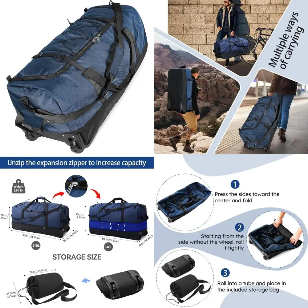 

Expandable 32 Rolling Duffle Bag with 2 Wheels, 3 Compartments, Adjustable for Travel and Storage