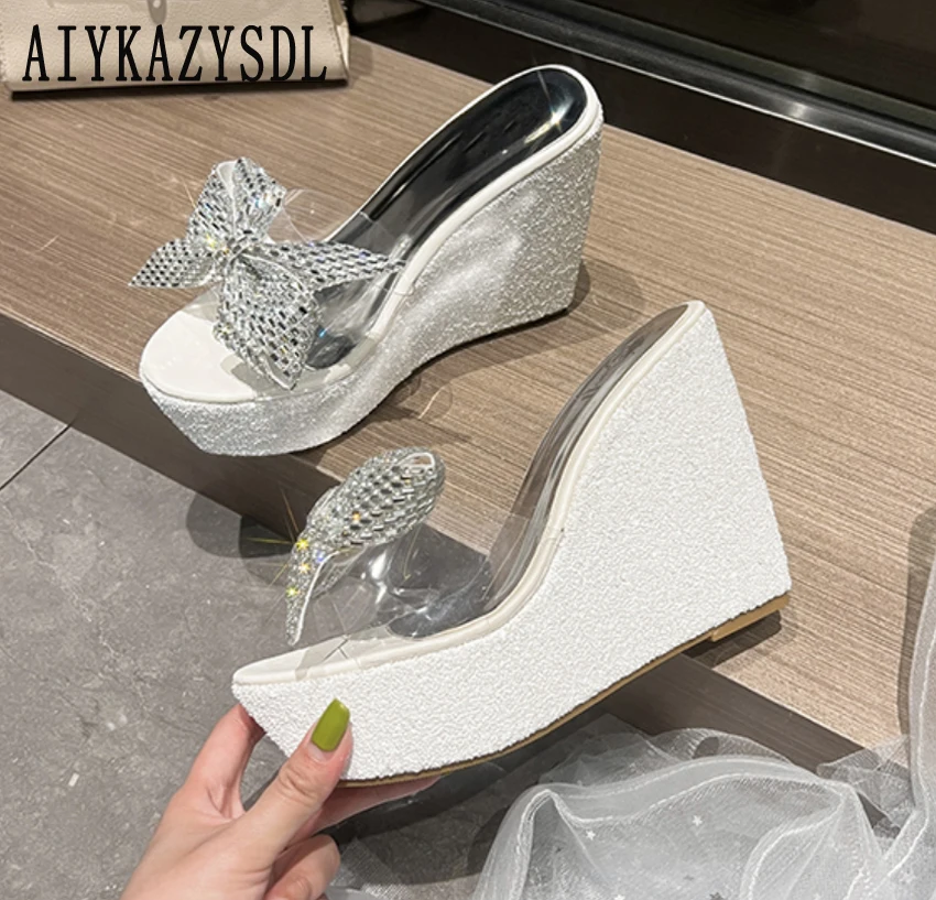 AIYKAZYSDL Clear Transparent Slippers Bling Sequined Sandals Crystal Butterfly-Knot Slides Mules Platform Wedge High Heels Women