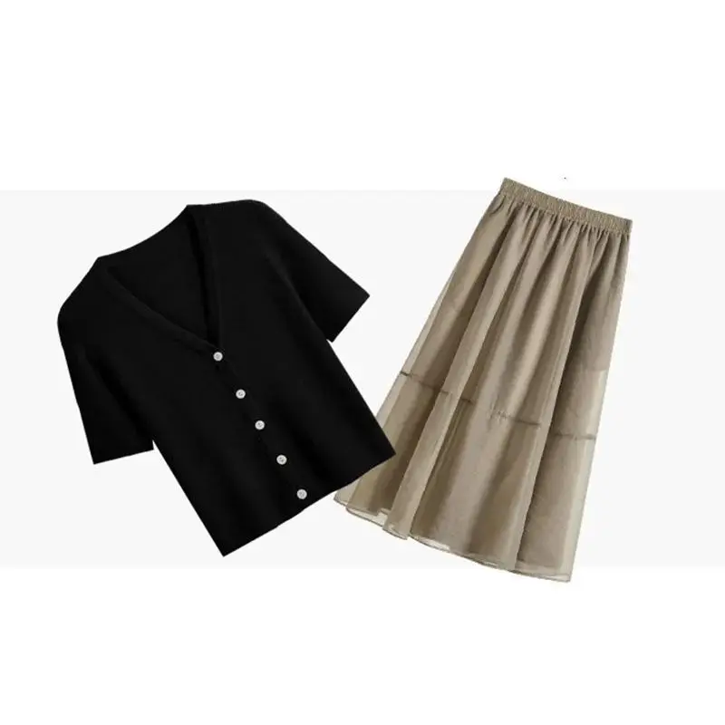 Tops de botones con cuello en V de Color sólido para mujer, falda de cintura alta informal que combina con todo, Manga corta coreana, ropa de dos